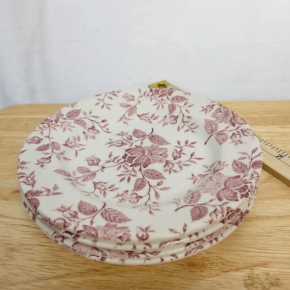 Vintage EIT England Ironstone Red Rose Calico Floral Plates Set of 4 Farmhouse